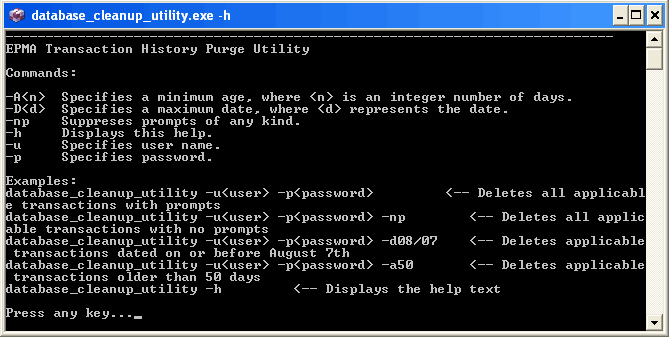 データベース・クリーンアップ・ユーティリティのコマンド・プロンプト。