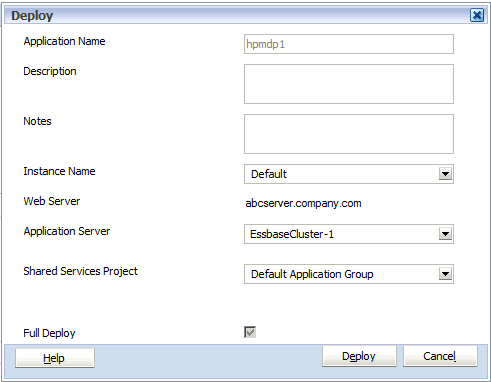 「デプロイ」ダイアログ・ボックスには、デプロイされるアプリケーションについての情報が表示され、そのデプロイメントに関連した備考の入力、アプリケーションをデプロイするインストールのインスタンス名の選択、および完全デプロイを実行するかどうかの選択ができます。追加情報は、後の手順を参照してください。