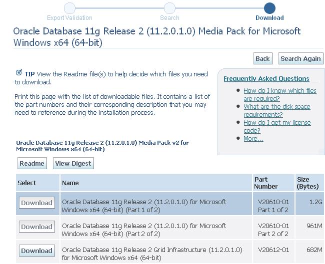 データベース・インストーラ部品番号をダウンロードするオプションを表示したOracle Software Delivery Cloud画面。