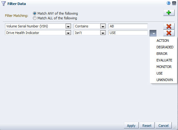 Lignes de critères de sélection de la boîte de dialogue Filter Data