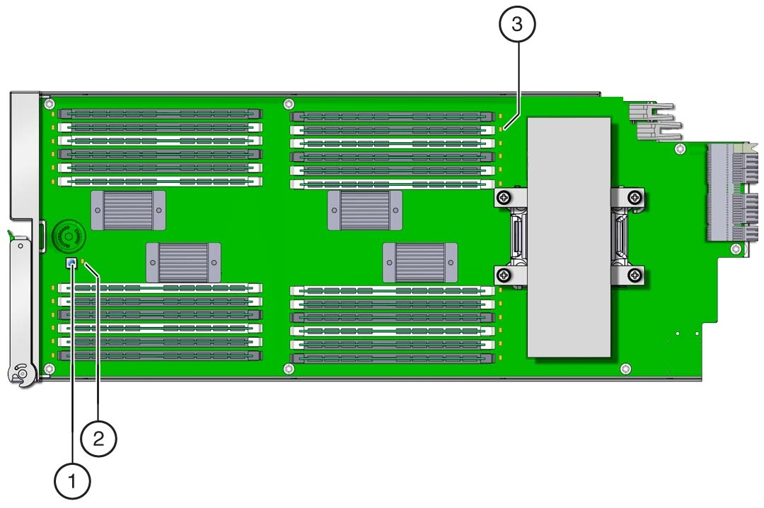 image:DIMM 障害検知テスト回路のコンポーネントの位置を示す、吹き出し付きの図。