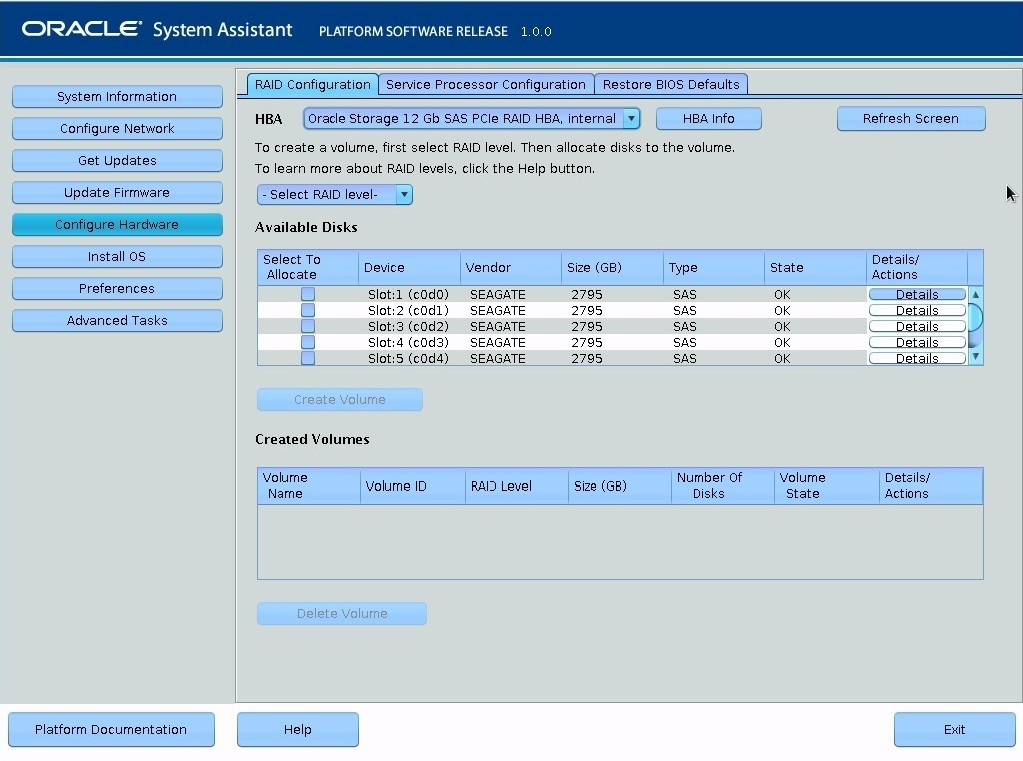image:图中显示了 Oracle System Assistant “RAID Configuration“ 屏幕。