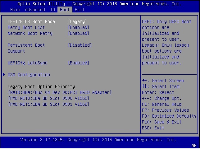 image:선택된 Legacy BIOS 모드를 보여주는 BIOS Boot 메뉴 화면입니다.