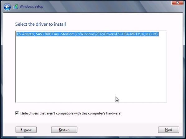 image:Windows Server 2012 비RAID HBA 드라이버 화면입니다.