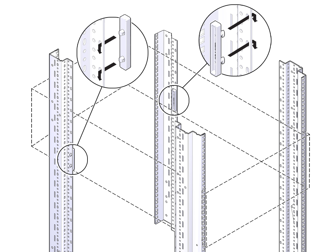 image:Illustration des entretoises insérées dans les rails du rack arrière.