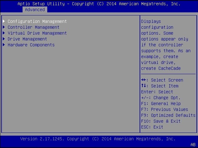 image:Représentation du menu Configuration Utility avec l'option Configuration Management sélectionnée.
