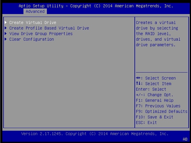 image:Représentation du menu Configuration Utility avec l'option Create Virtual Drive sélectionnée.