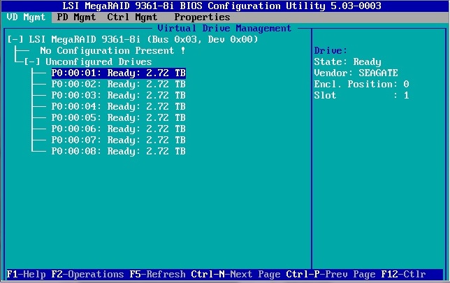 image:Capture de l'écran LSI MegaRAID Utility Adapter Selection.