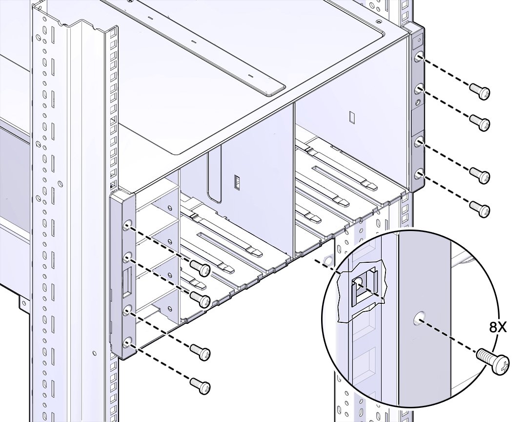 image:Imagen de la parte frontal del servidor y los tornillos que lo ajustan al bastidor.