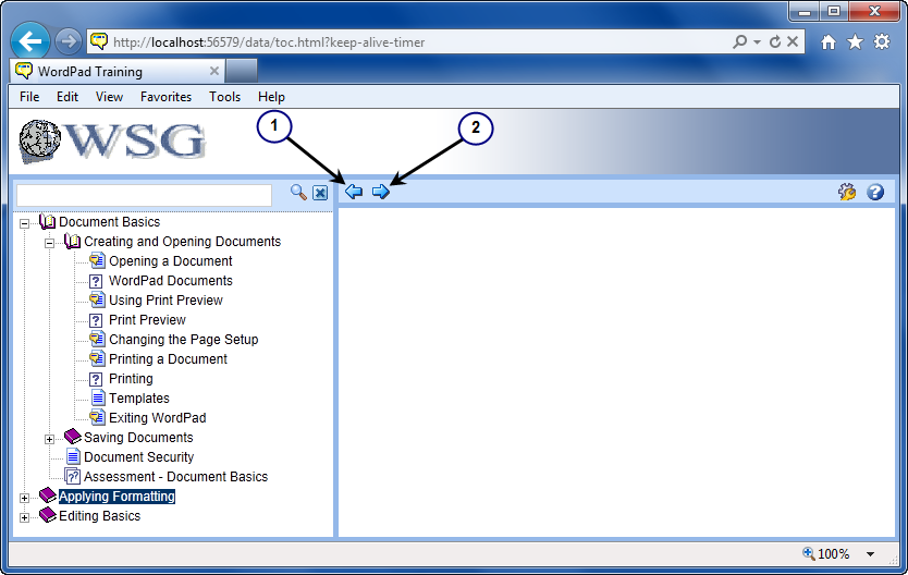 The helpnav.jpg graphic shows customizations to the arrows, located on the left of the outline pane, used to navigate up and down the outline. It also shows customization of the Share link on the left side of the Concept pane header.