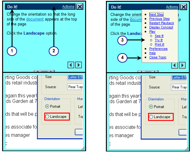 The doitmode.jpg graphic shows customizations to the Do It! mode window. The graphic shows two versions of the Do It! mode window. The Do It! mode window on the left shows customizations to the background color and font of the Do It! text that appears in the header. The Do It! mode window on the right shows customizations to the Actions menu that displays when the click the Actions link on the top right of the header. These customization include the background color of the Actions menu and the color of the border around the Action menu.