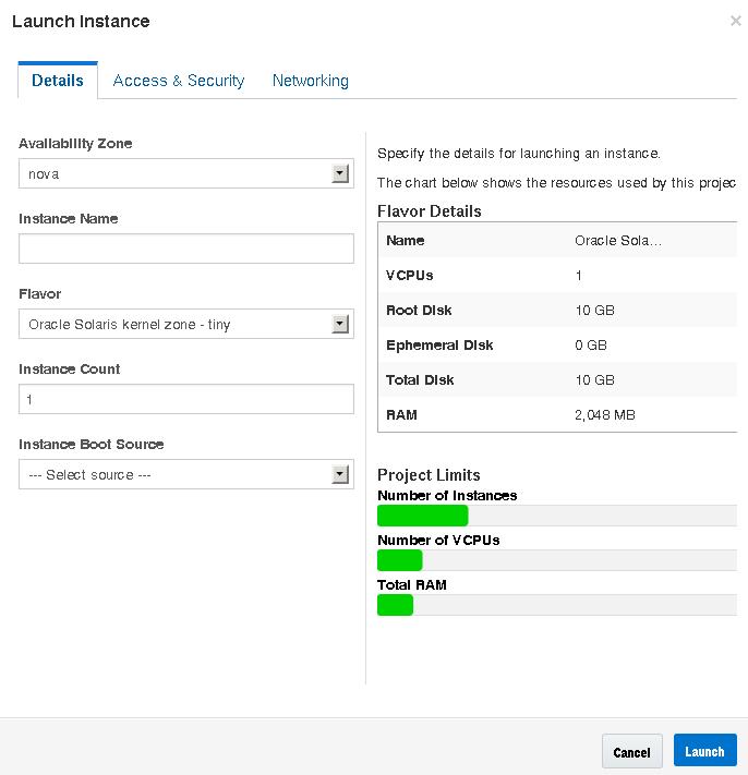 image:Shows the options on the Launch Instance dialog box.