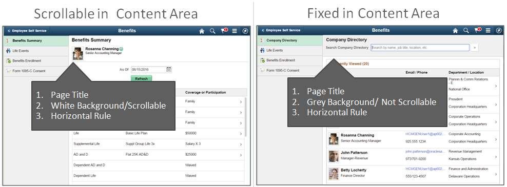 Scrollable and fixed in content area design patterns for the application header