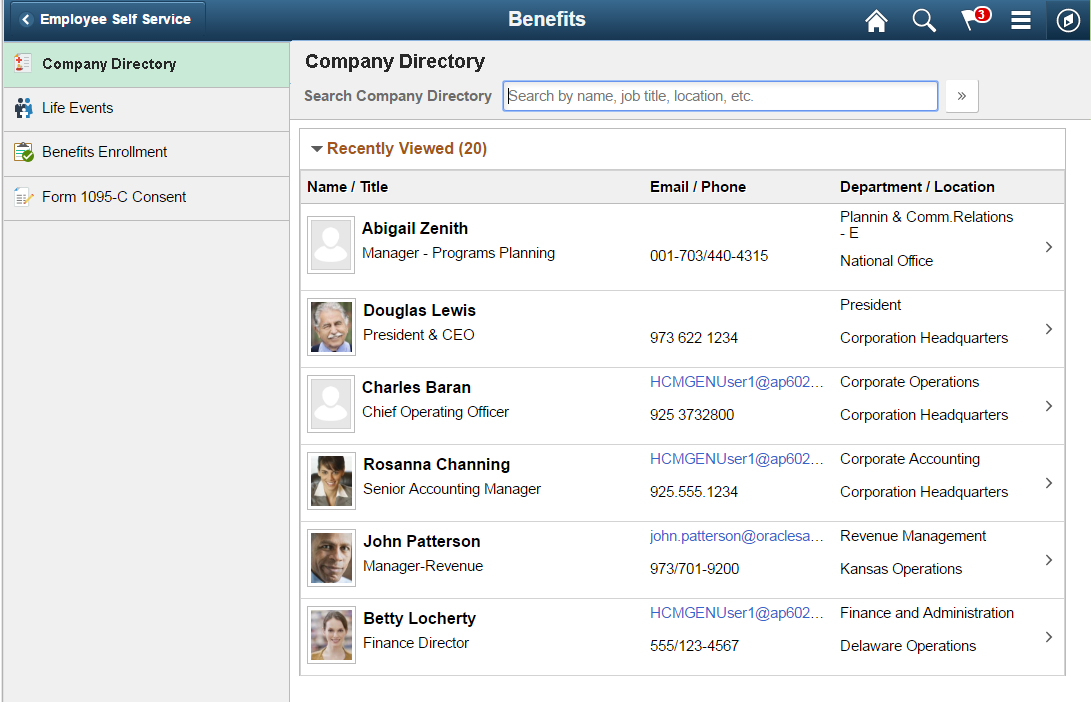 Inside Navigation Collection page, application header “Company Directory” spans content area only