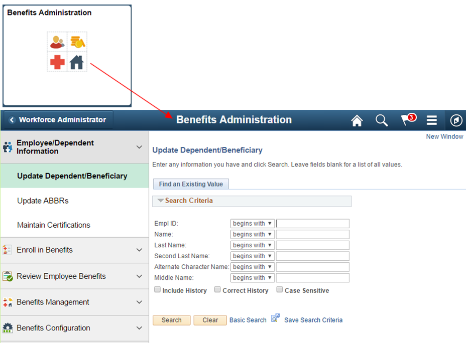 Navigation from Benefits Administration tile to Benefits Administration Navigation Collection page