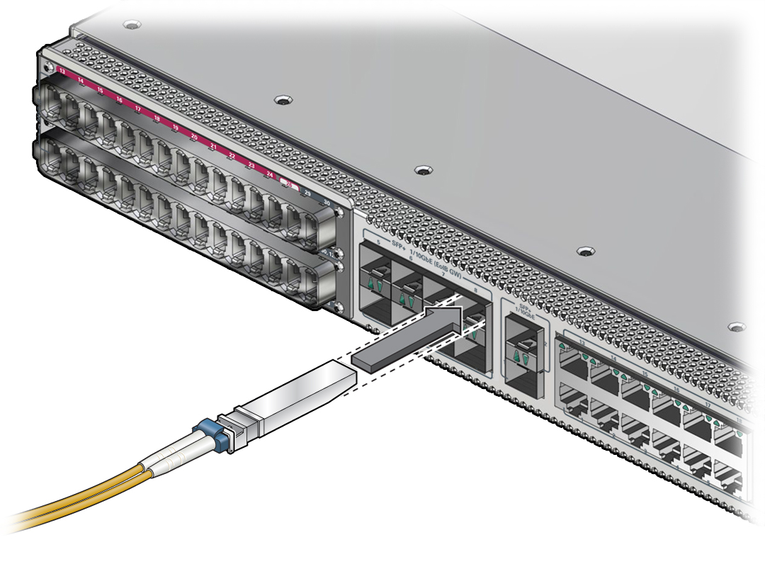 image:Illustration shows the SFP+ cable being                                     installed.