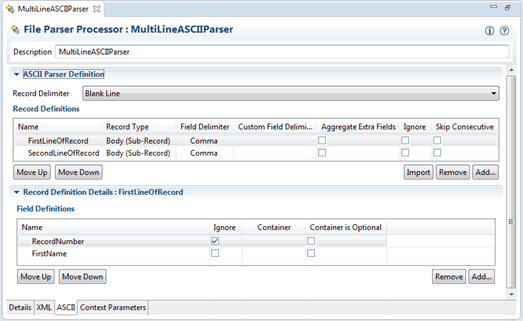 Displays multi-line first line body record definition