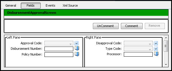 Fields Pane on DisbursementApprovalScreen