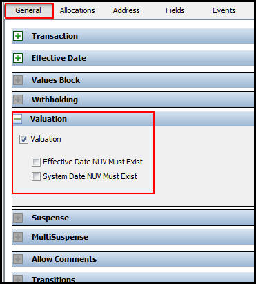 General Pane of a Transation with Valuation Section Highlighted