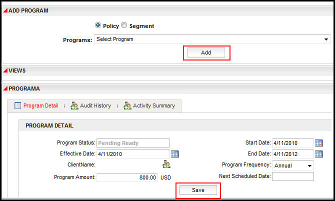 Program Add and Save Buttons in OIPA