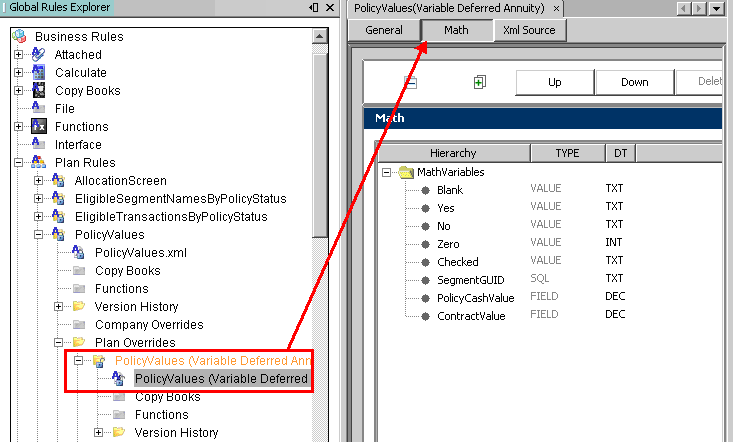 Policy Values business Rule Math tab