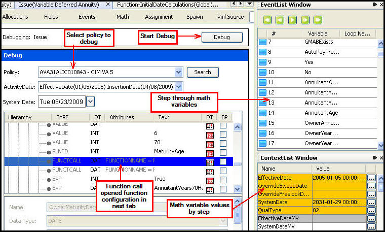 Debug Pane of a transaction