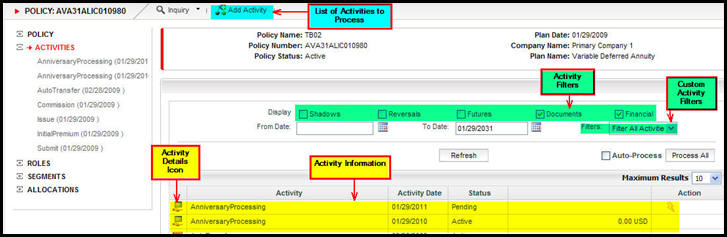 Sections of the activity screen highlighted with available options