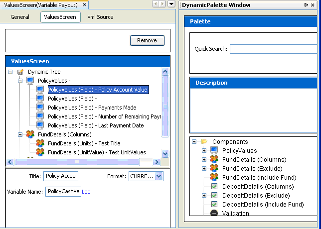 ValuesScreen tab of the Values Screen business rule