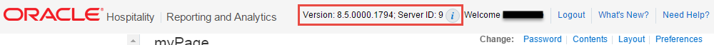 This image is a screenshot of the information bar at the top of the Reporting and Analytics interface, with the location of the version and server info highlighted.