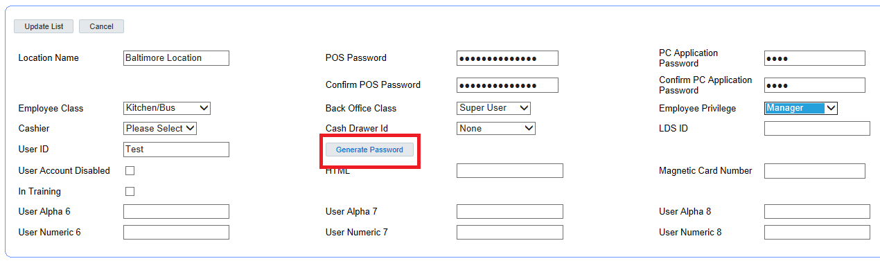 This image shows the user interface with the Generate Password button highlighted.