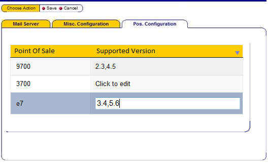 Example of a Pos Configuration tab supporting 9700 versions 2.3 and 4.5, and e7 versions 3.4 and 5.6.