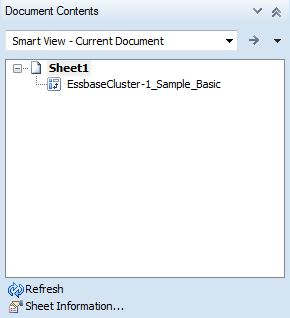 In the Document Contents pane, a Excel sheet containing an Essbase ad hoc grid shown with the sheet node selected.