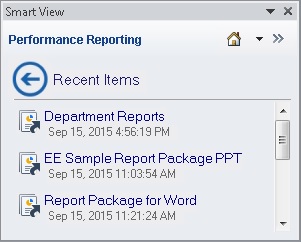Performance Reporting Home displaying list of recently opened report packages.