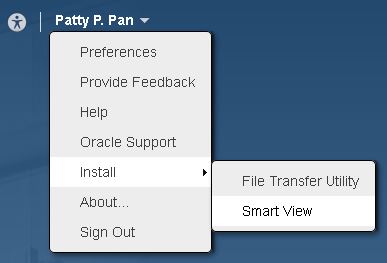 The user menu in the Oracle Enterprise Performance Reporting Cloud Service web interface, showing the Install, then Smart View option as selected