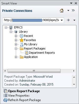 The Smart View Panel in Word upon initially connecting to Enterprise Performance Reporting Cloud Service, shows the default folders: Recent, Favorites, My Library, Report Packages, and Application. Report Package is expanded and contained the Department Reports report package.