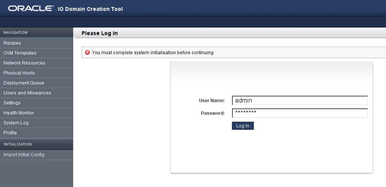 image:Captura de pantalla que muestra la página de inicio de sesión de la herramienta de dominios de E/S.