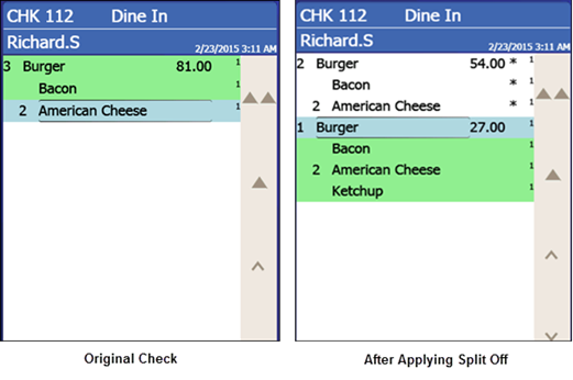 This figure shows an example of a check before and after splitting an item.
