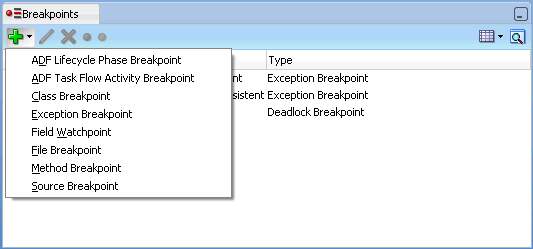 「ブレークポイント」ウィンドウのドロップダウン・メニュー