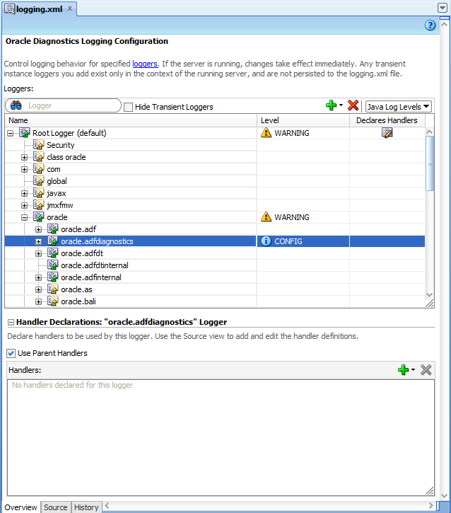 Oracle Diagnostic Logging Configurationの概要エディタ