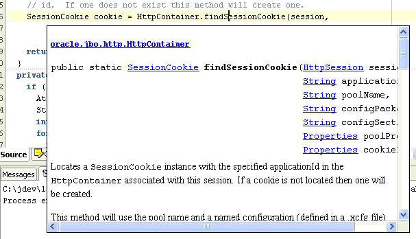 コード・エディタでのQuick JavaDocのスクリーンショット