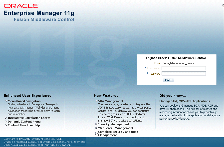 Fusion Middleware Controlの「ログイン」ページ