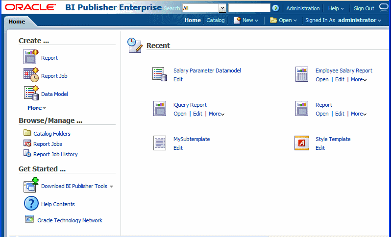 BI Publisherの「ホーム」ページ