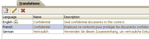 Contexts page, Translations tab