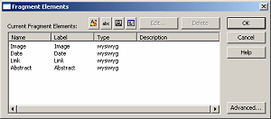「フラグメント要素」ダイアログ・ボックス