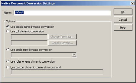 「ネイティブ・ドキュメント変換設定」ダイアログ・ボックス