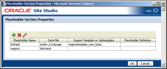 「Placeholder Section Properties」ダイアログ、設計モード