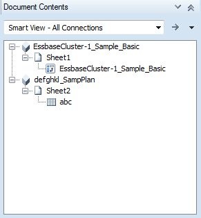 Document Contents listing Smart View provider objects (an Essbase ad hoc query and a Planning form) listed by provider.