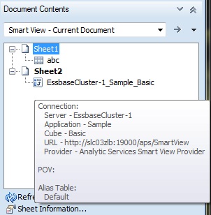 The connection properties of an Essbase ad hoc query, displayed after hovering the cursor over the object icon in the Document Contents tree. Properties shown are Server, Application, Cube, URL, Provider, POV, and Alias Table.
