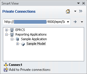 The Smart View Panel in Excel upon initially connecting to Enterprise Performance Reporting Cloud Service, shows the default nodes, EPRCS and Reporting Applications; under Reporting Applications is the Sample Applications node, and then the Sample Model