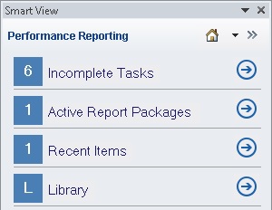 Shows Performance Reporting Home, providing access to the items that require user attention and access to recently accessed items as well as the EPRCS Library node in the Smart View Panel